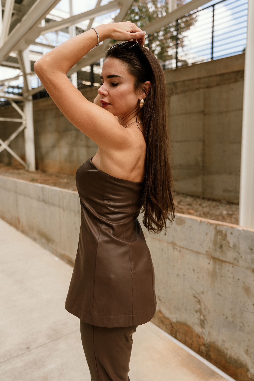 Veronica Brown Faux-Leather Strapless Top - side view