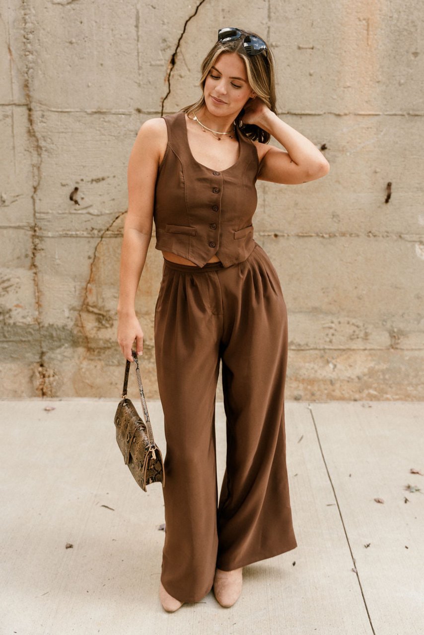 Cleo Brown Wide Leg Pants - full body front view