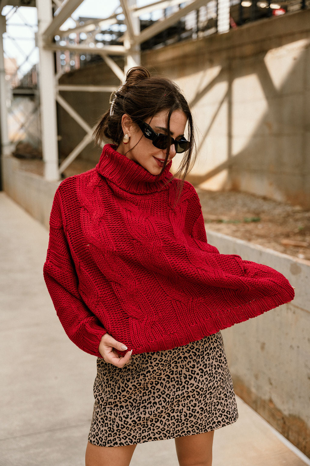 Alina Red Cable Knit Turtleneck Sweater- close up top view