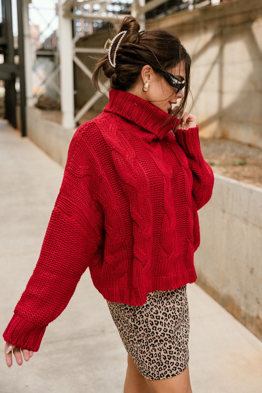 Alina Red Cable Knit Turtleneck Sweater- side view