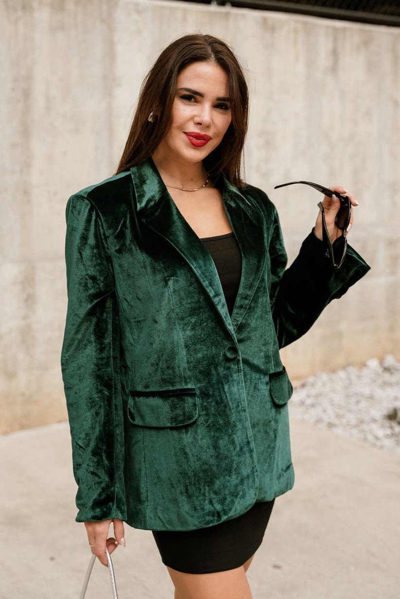 Juliana Dark Green Velvet Blazer- frontal side view