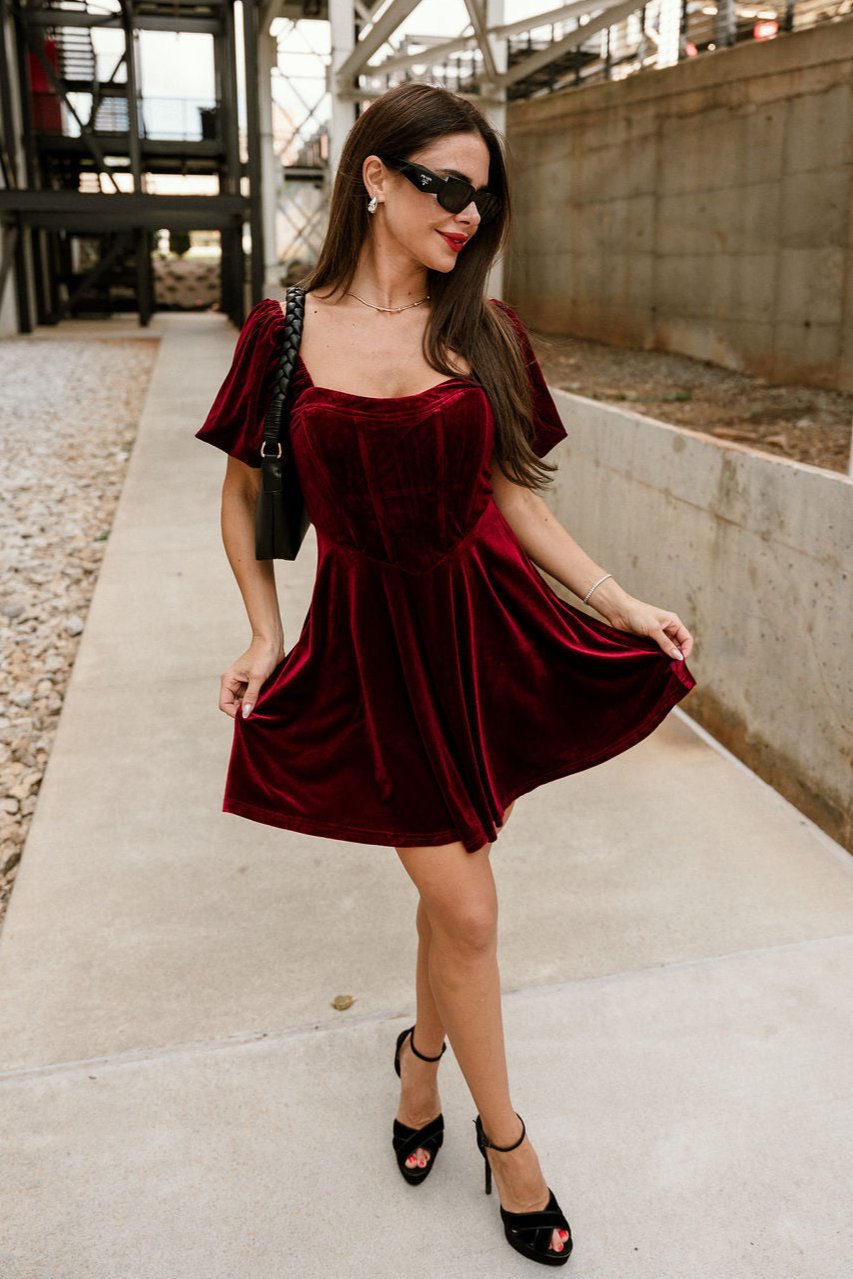 Jordyn Burgundy Velvet MIni Dress- full body view