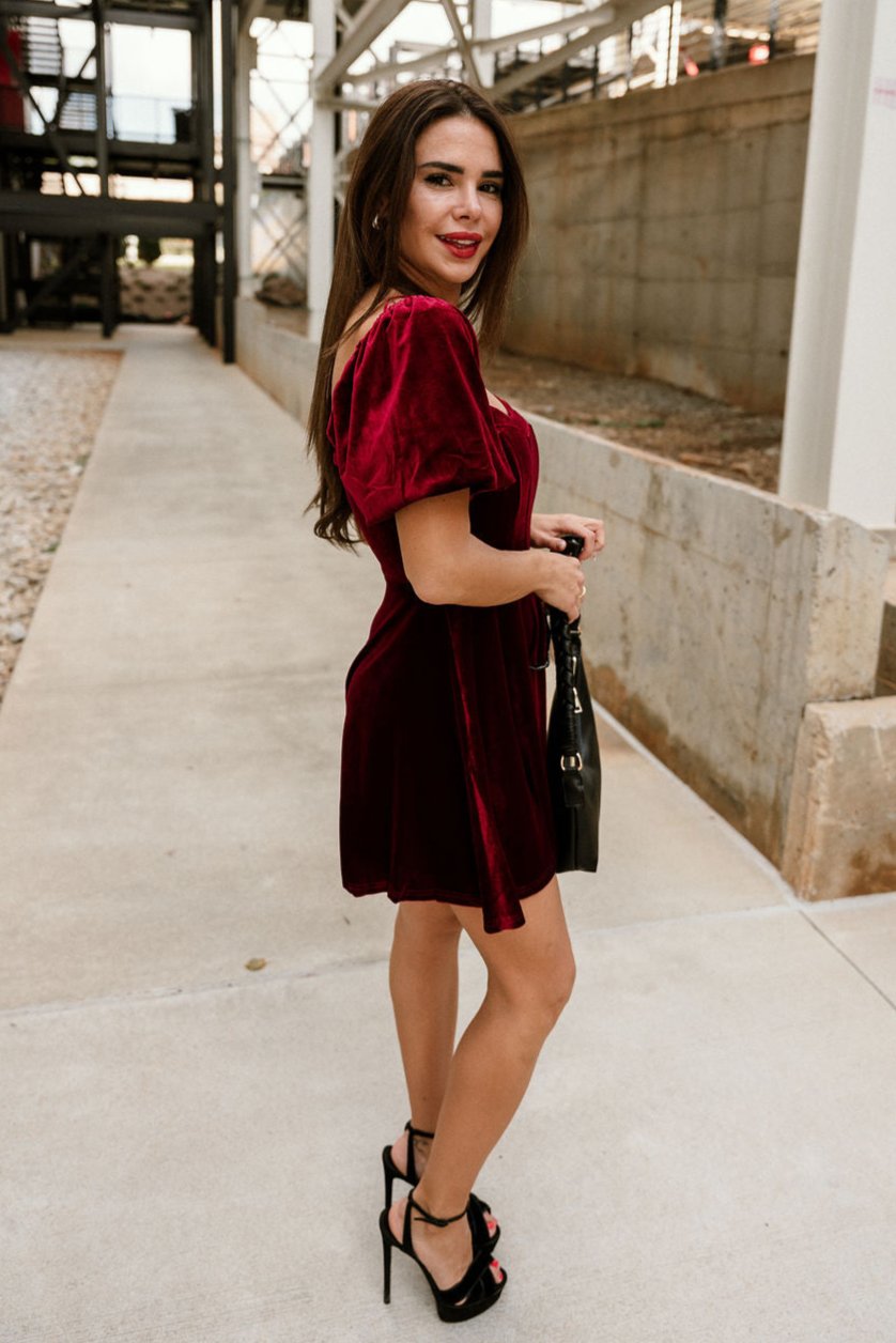 Jordyn Burgundy Velvet MIni Dress- full body side view