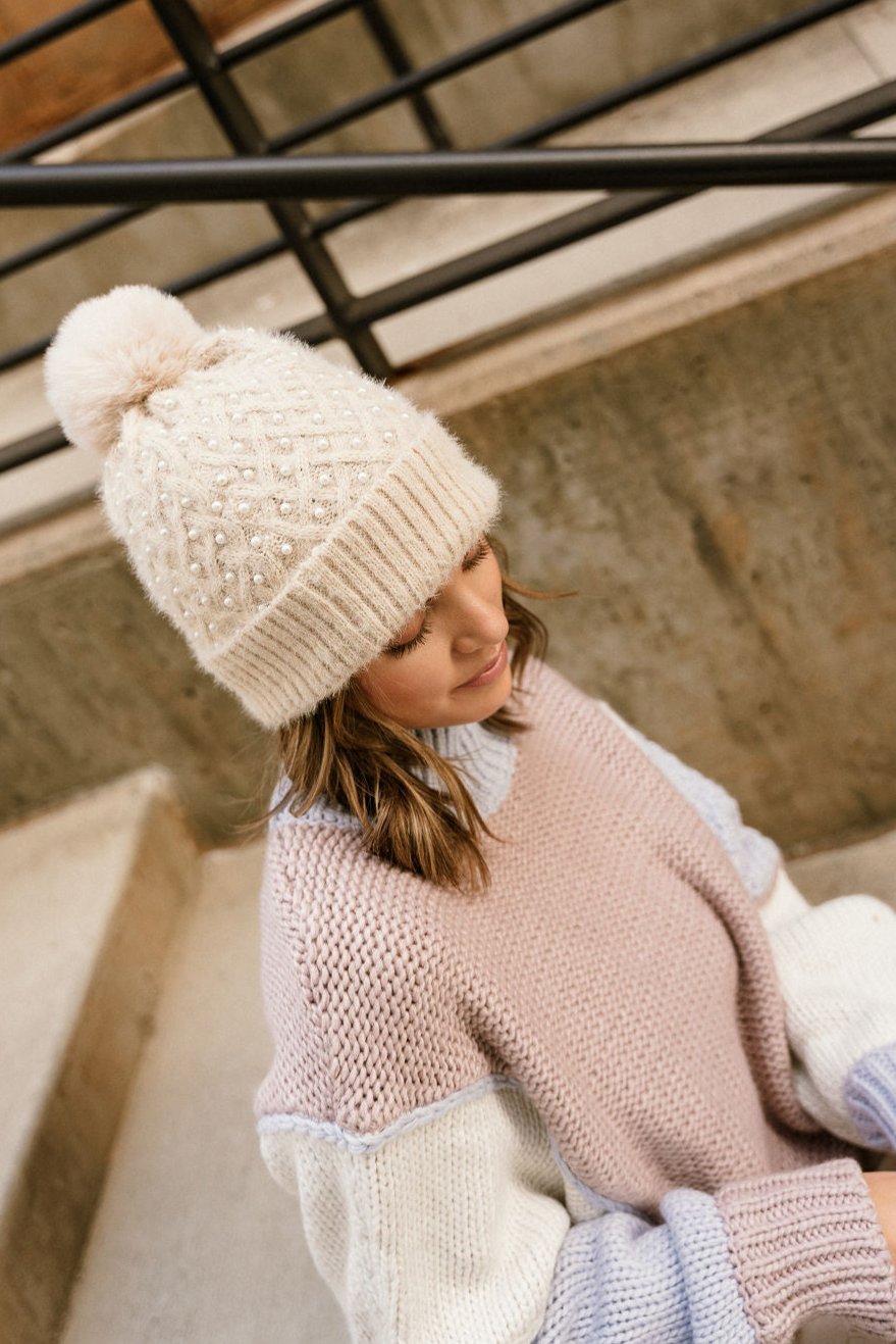 Holly Ivory & Pearl Pom Pom Beanie - top side view