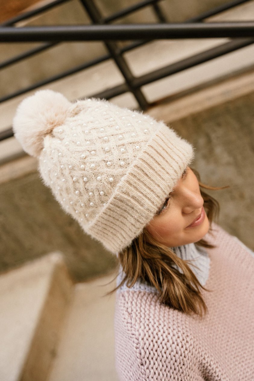 Holly Ivory & Pearl Pom Pom Beanie - close up top view