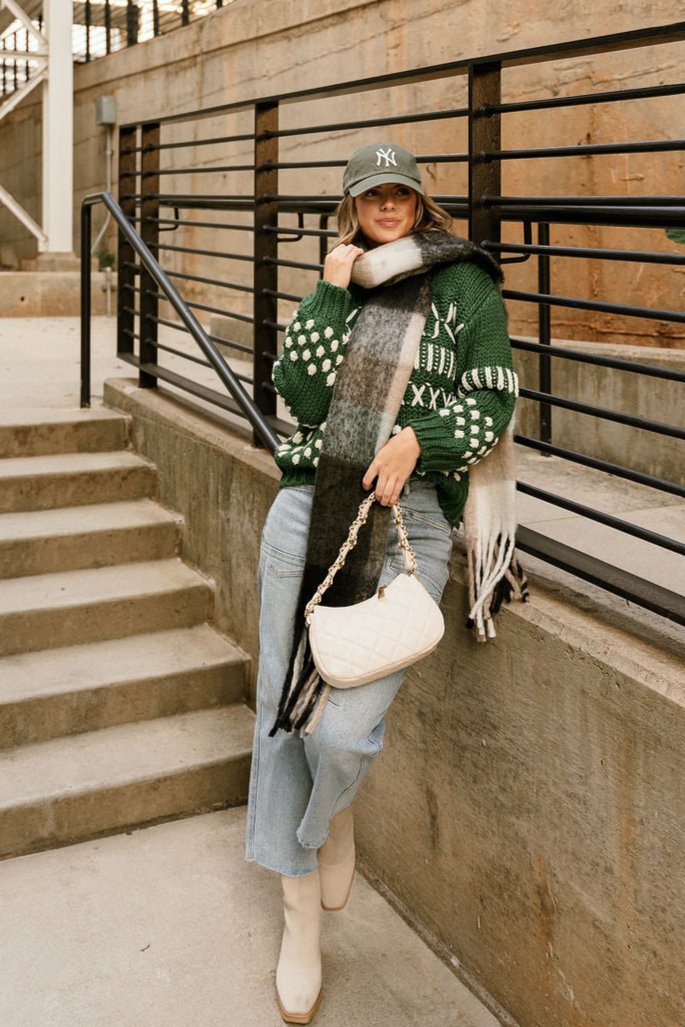 Emory Hunter Green & White Long Sleeve Sweater- full body view