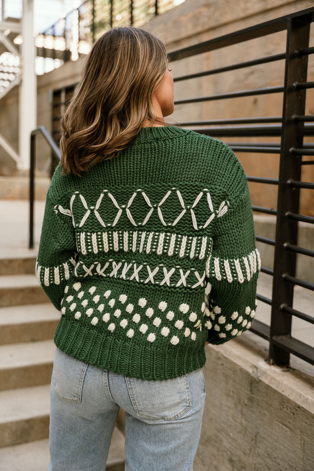 Emory Hunter Green & White Long Sleeve Sweater- close up back view