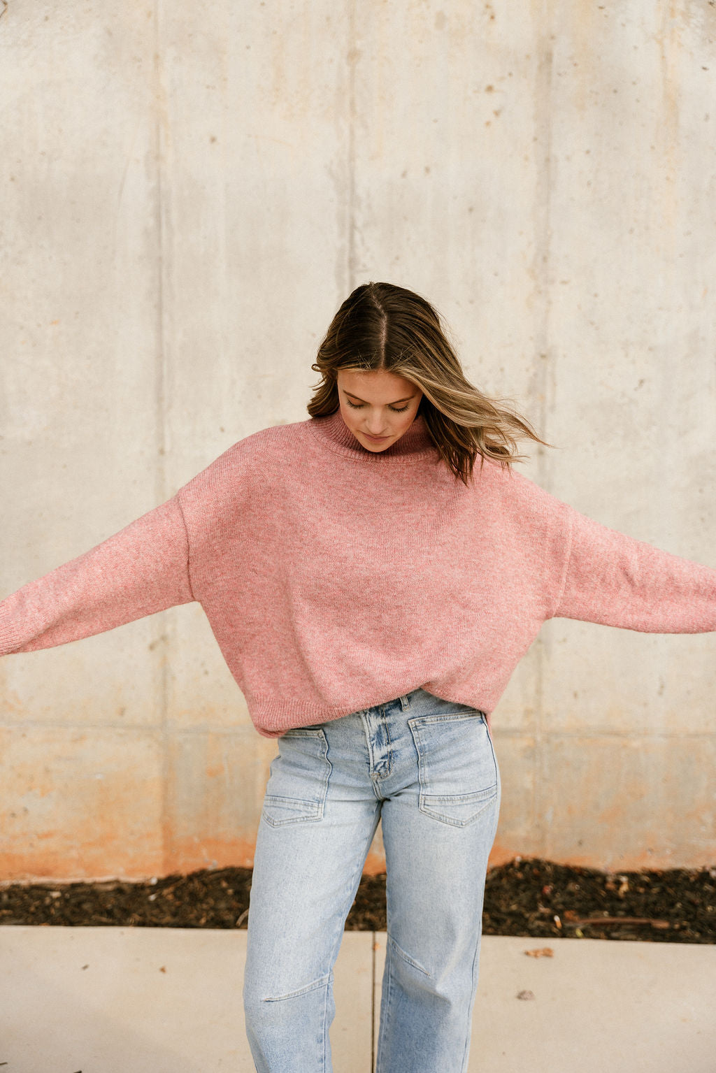 Wrenley Pink Mock Neck Sweater - front view (arms out)