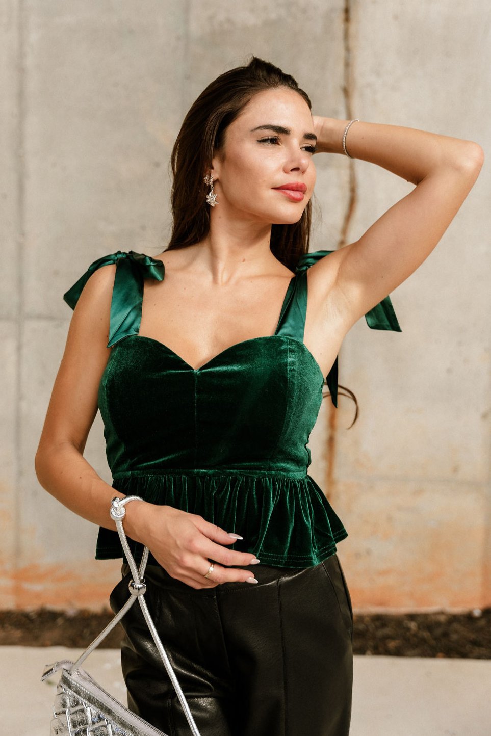 Calista Green Velvet Bow Strap Top - front view (arm raised)