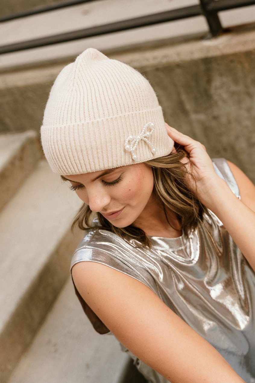 Audrey Ivory Pearl Bow Beanie - close up left side view