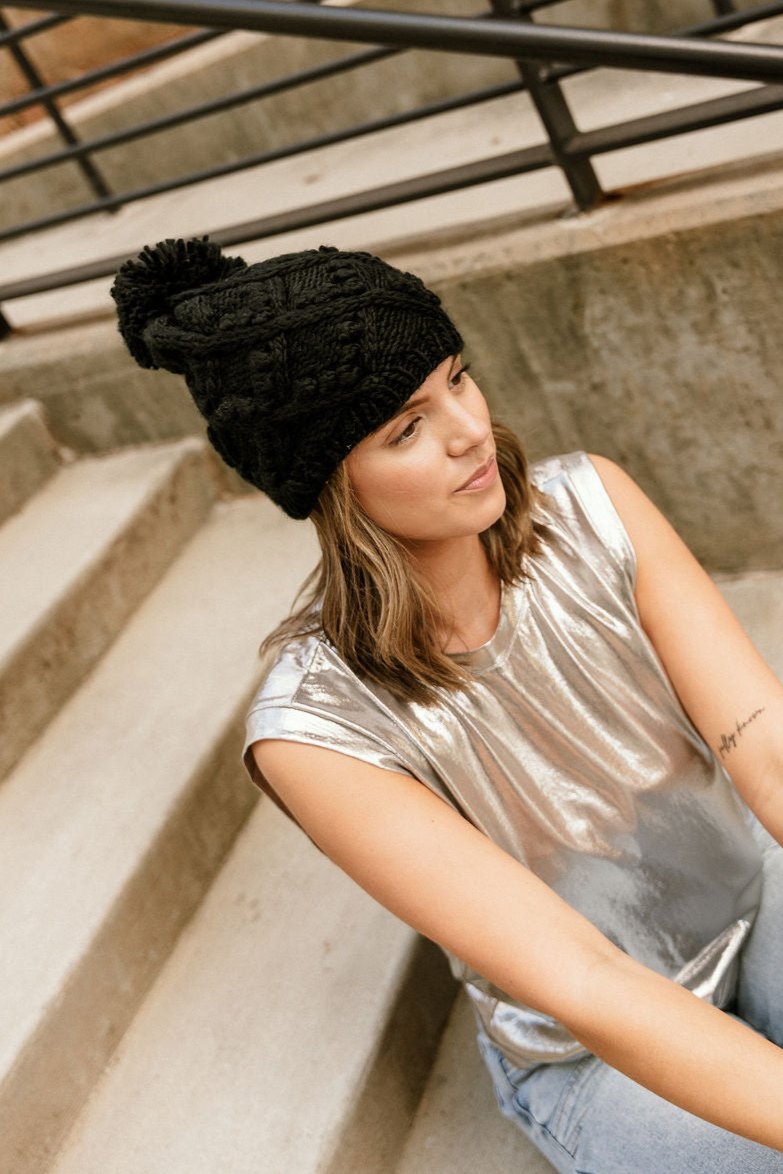 Nova Black Pom Pom Beanie - Top right side view