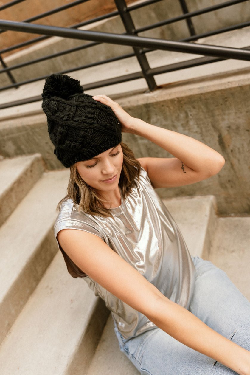 Nova Black Pom Pom Beanie - front view