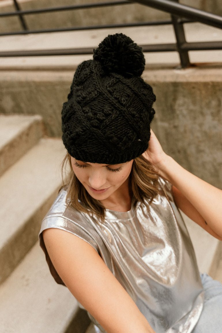 Nova Black Pom Pom Beanie - top view