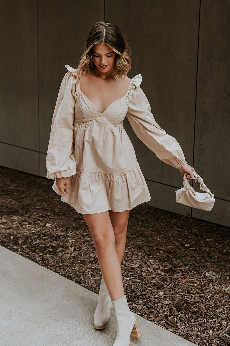 Stella Beige Long Sleeve Mini Dress - Lizard Thicket Stella Beige Long Sleeve Mini Dress - Lizard Thicket