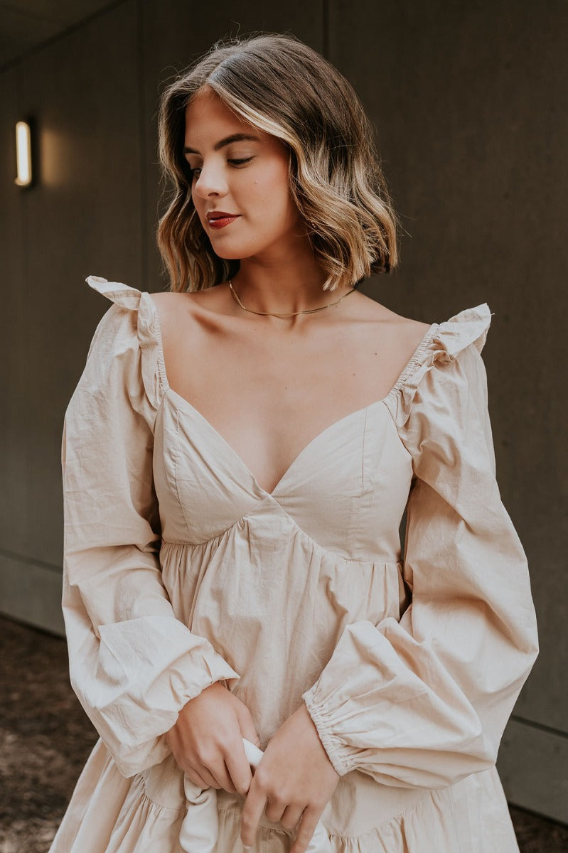 Stella Beige Long Sleeve Mini Dress - Lizard Thicket Stella Beige Long Sleeve Mini Dress - Lizard Thicket