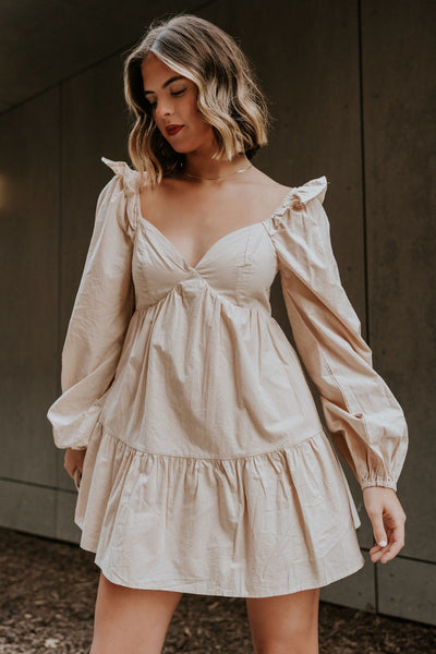 lillie long sleeve mini dress beige Lillie Long Sleeve Mini Dress Beige