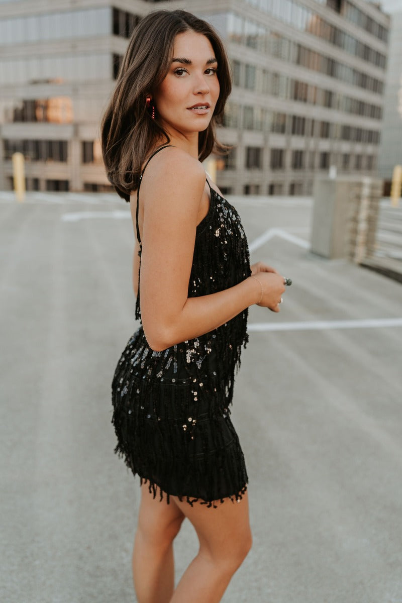 Sequin Fringe Mini Dress Black Dress with Adjustable Straps - Lizard Thicket Sequin Fringe Mini Dress Black Dress with Adjustable Straps - Lizard Thicket