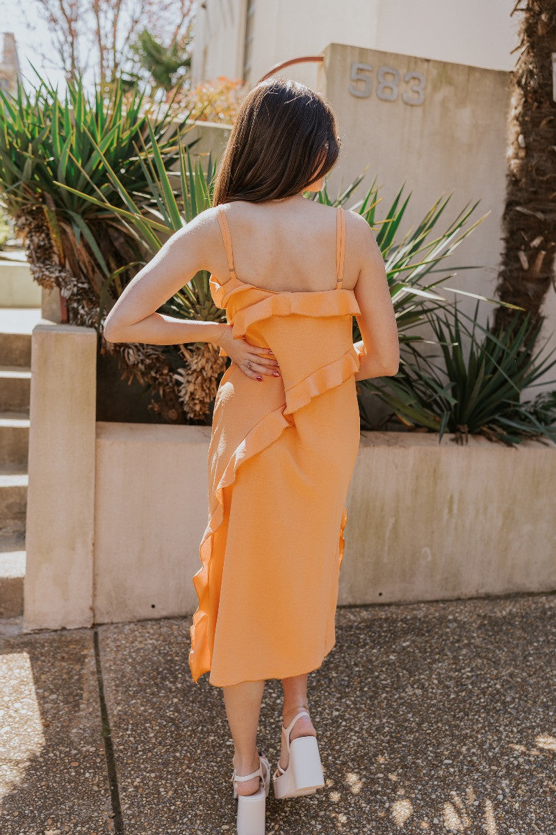 Serena Orange Ruffle Midi Dress - Lizard Thicket Serena Orange Ruffle Midi Dress - Lizard Thicket