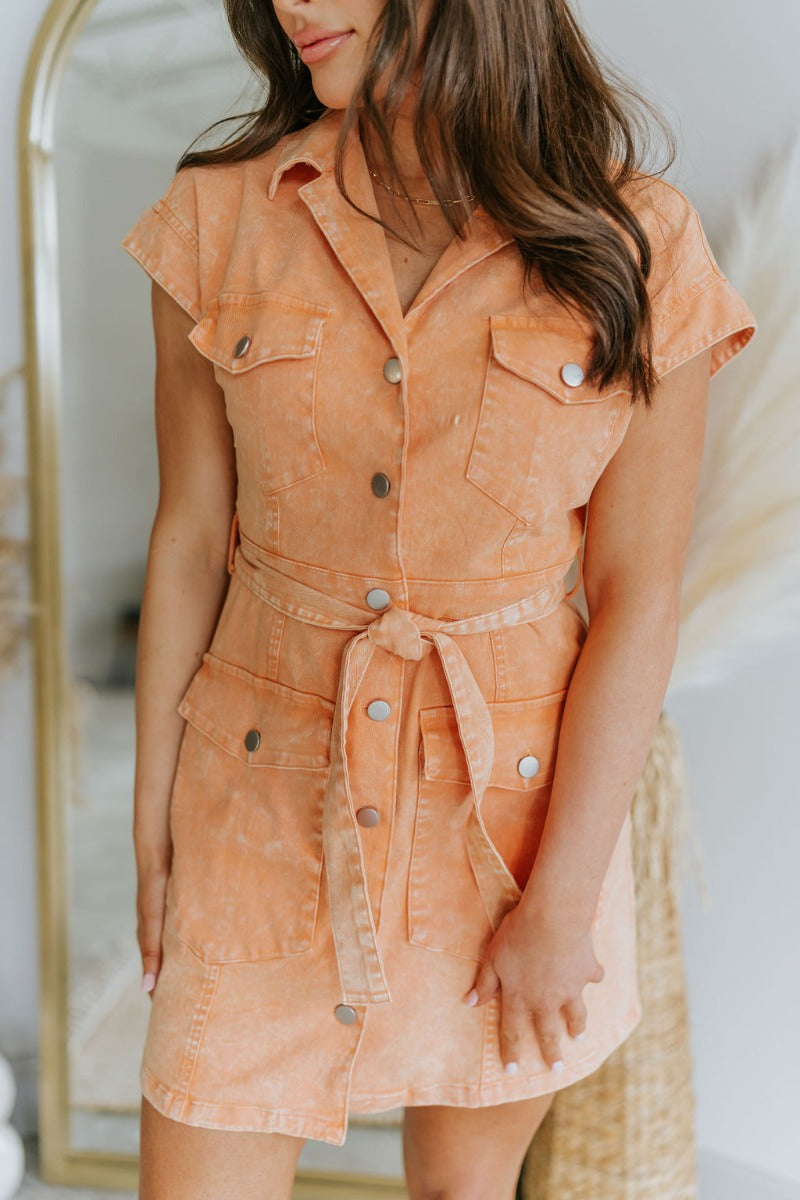 orange with jean dress CENNY DENIM SHIRT DRESS (ORANGE) | Love Cherish
