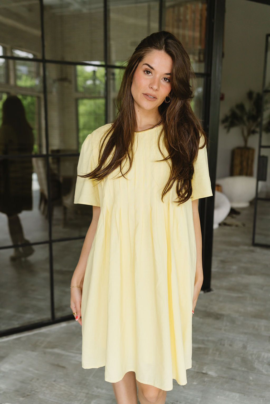 Kimber Light Yellow Flare Mini Dress- close up front view