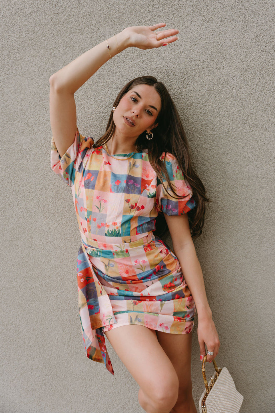 Lilah Multi Plaid & Floral Ruffle Mini Dress- close up front view