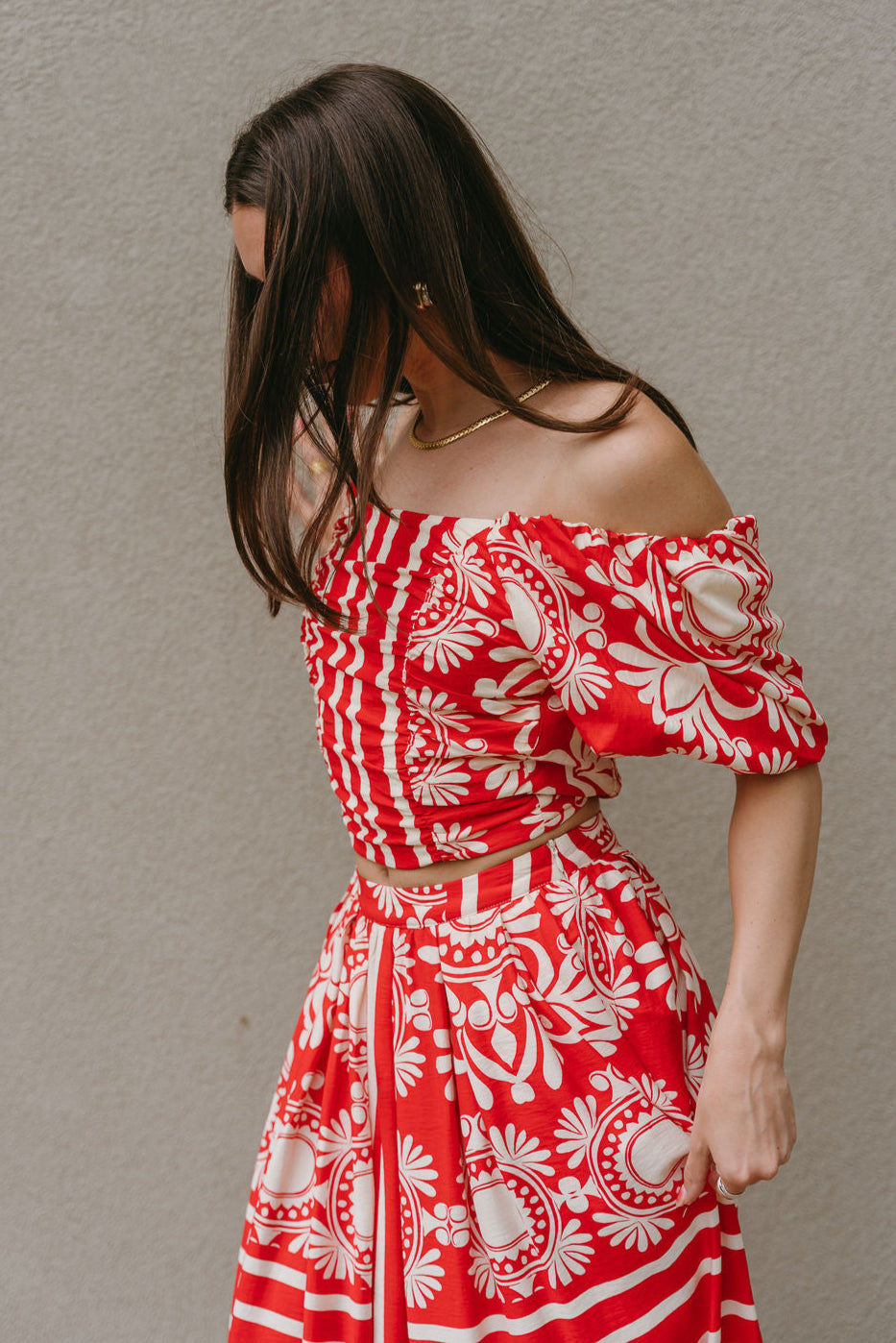 Kiara Red & Cream Floral Off-The-Shoulder Top- side view