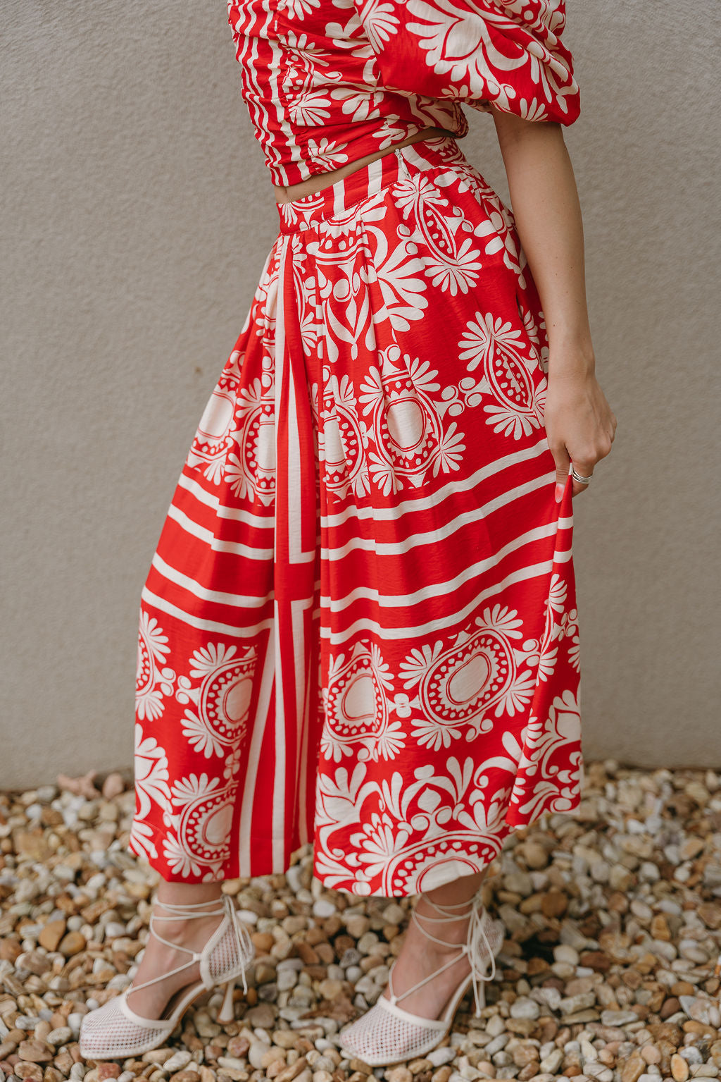 Kiara Red & Cream Floral Midi Skirt- frontal side view