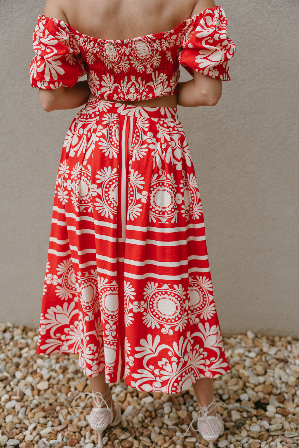 Kiara Red & Cream Floral Midi Skirt- close up back view