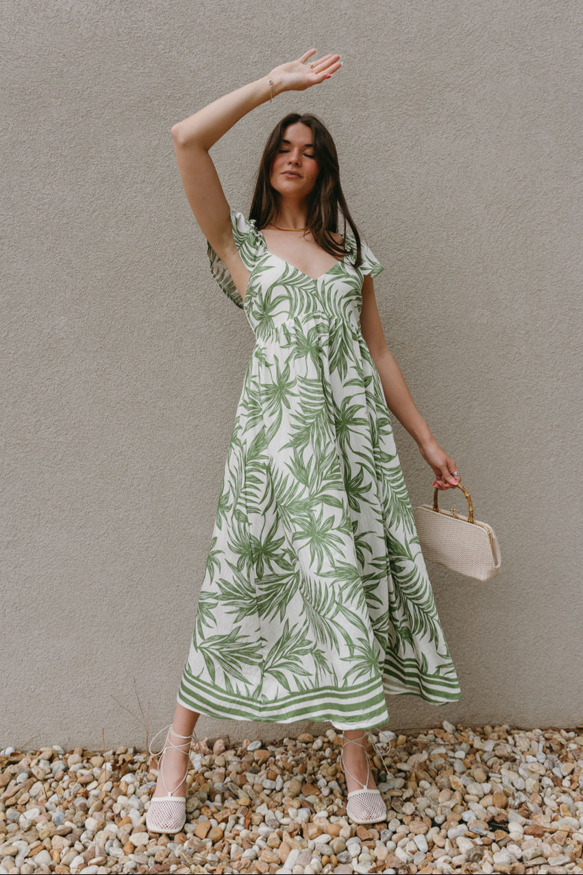 Adaline Green & White Palm Leaf Midi Dress - Lizard Thicket Adaline Green & White Palm Leaf Midi Dress - Lizard Thicket