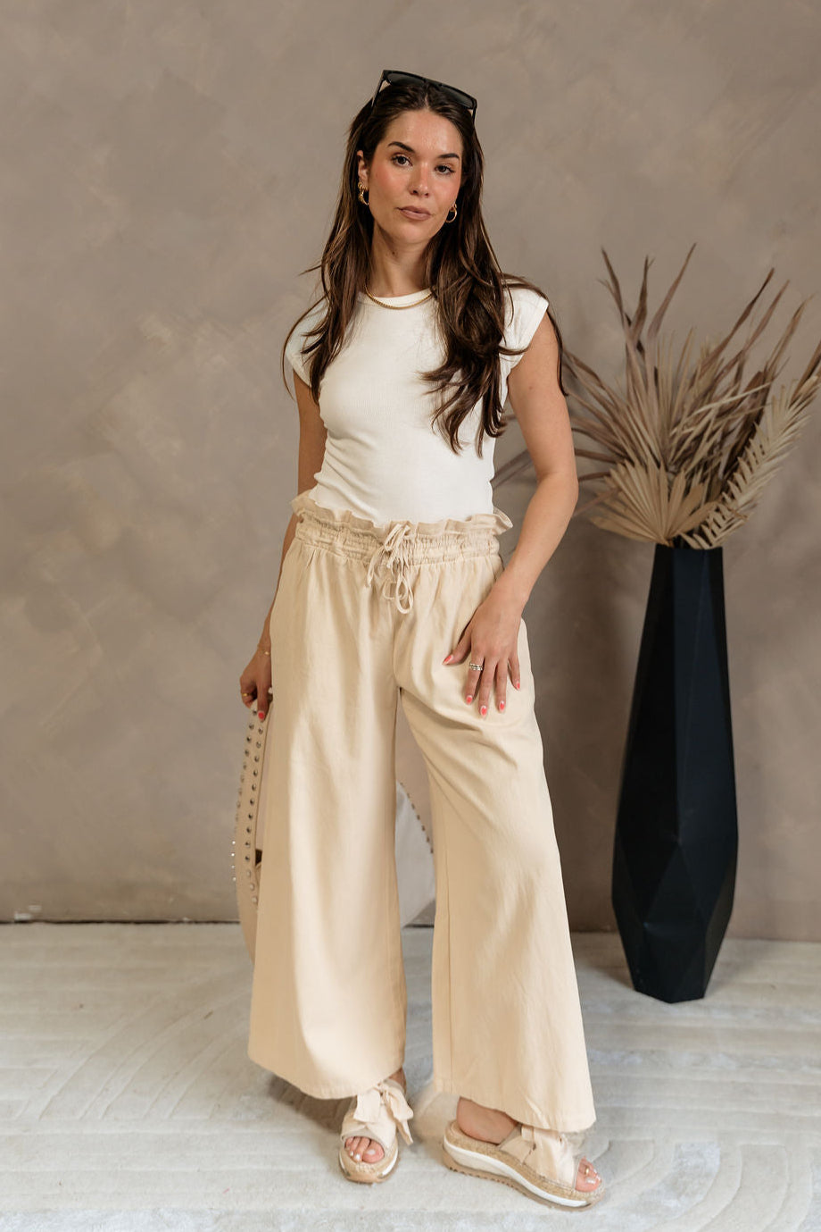 Harlow Beige Paper Bag Waist Pants- full body view