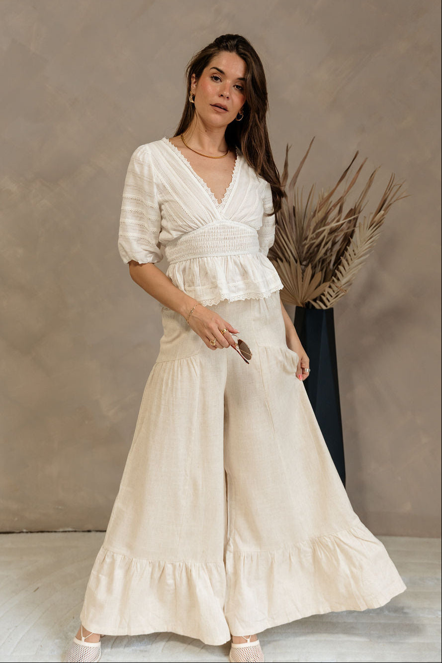 Vanessa Oatmeal Linen Flare Pants- full body view