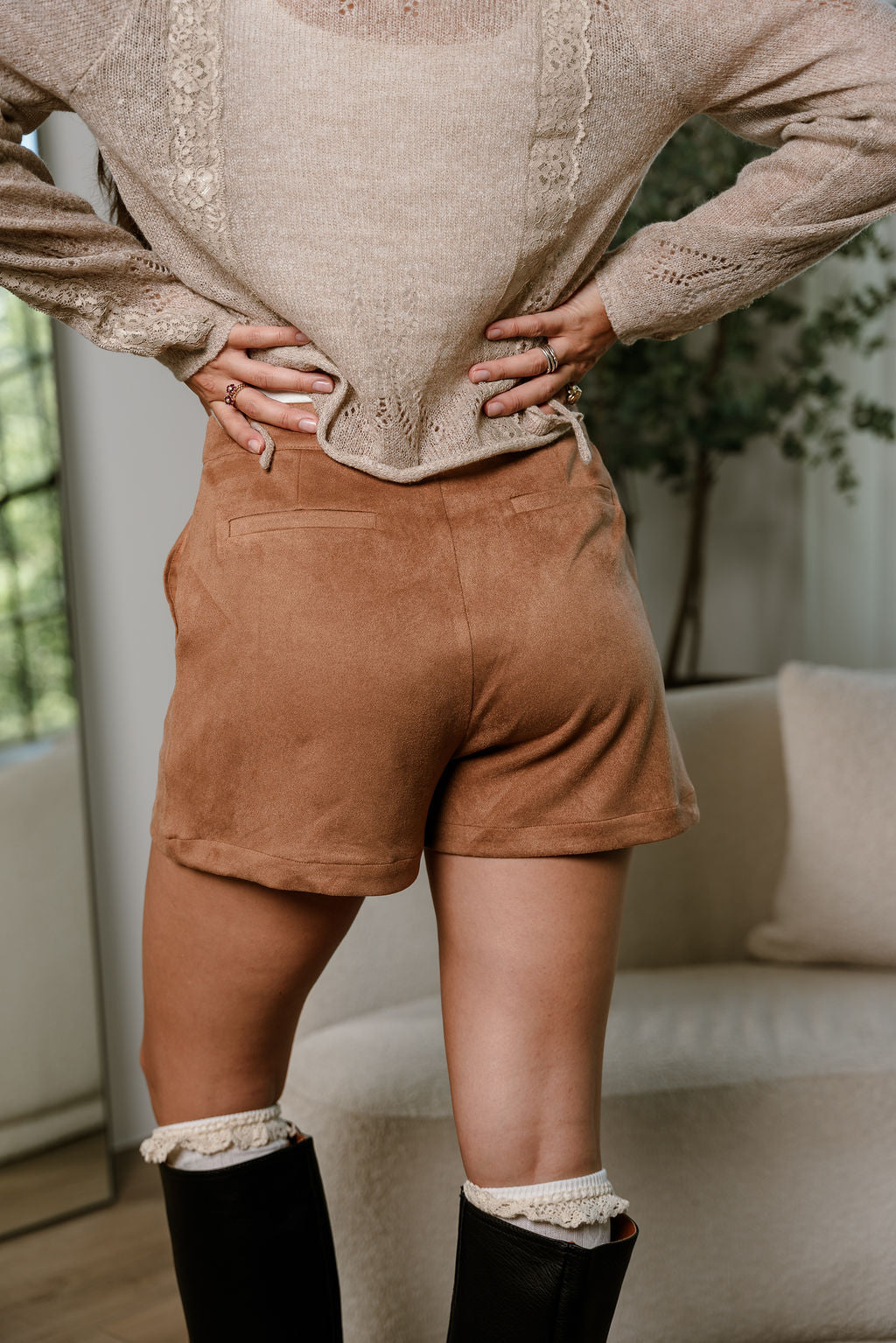 Tessa Camel Suede Shorts- back view