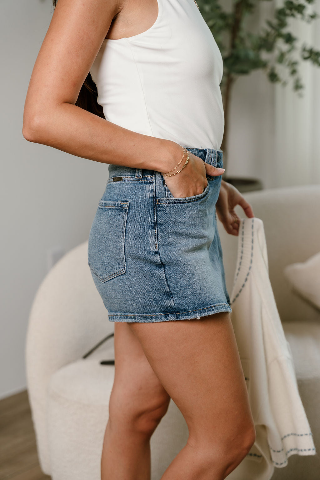 Ariana Medium Wash Denim Skort - close up side view