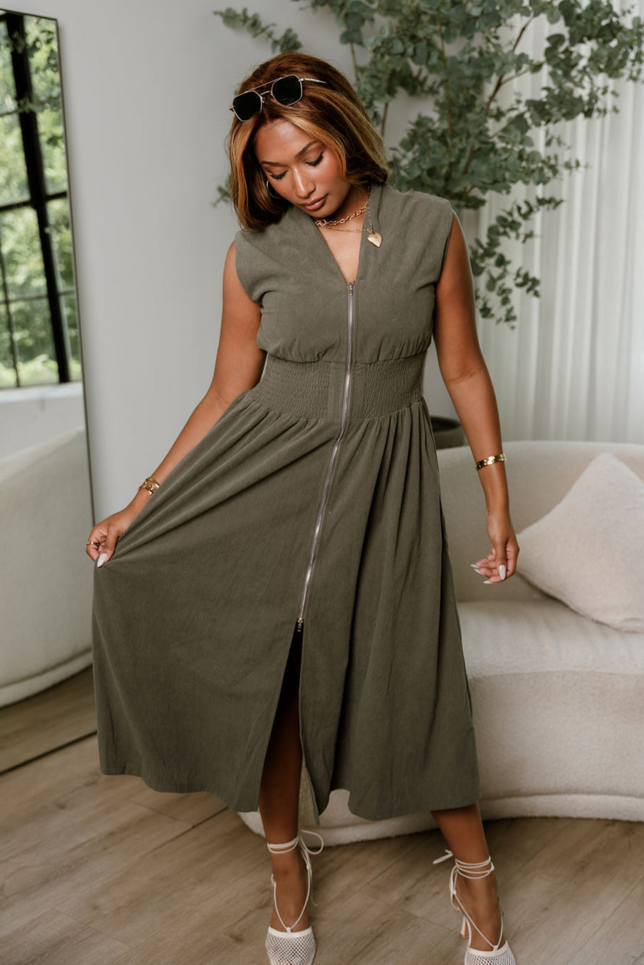 Malia Olive Corduroy Zip-Up Midi Dress- front top view