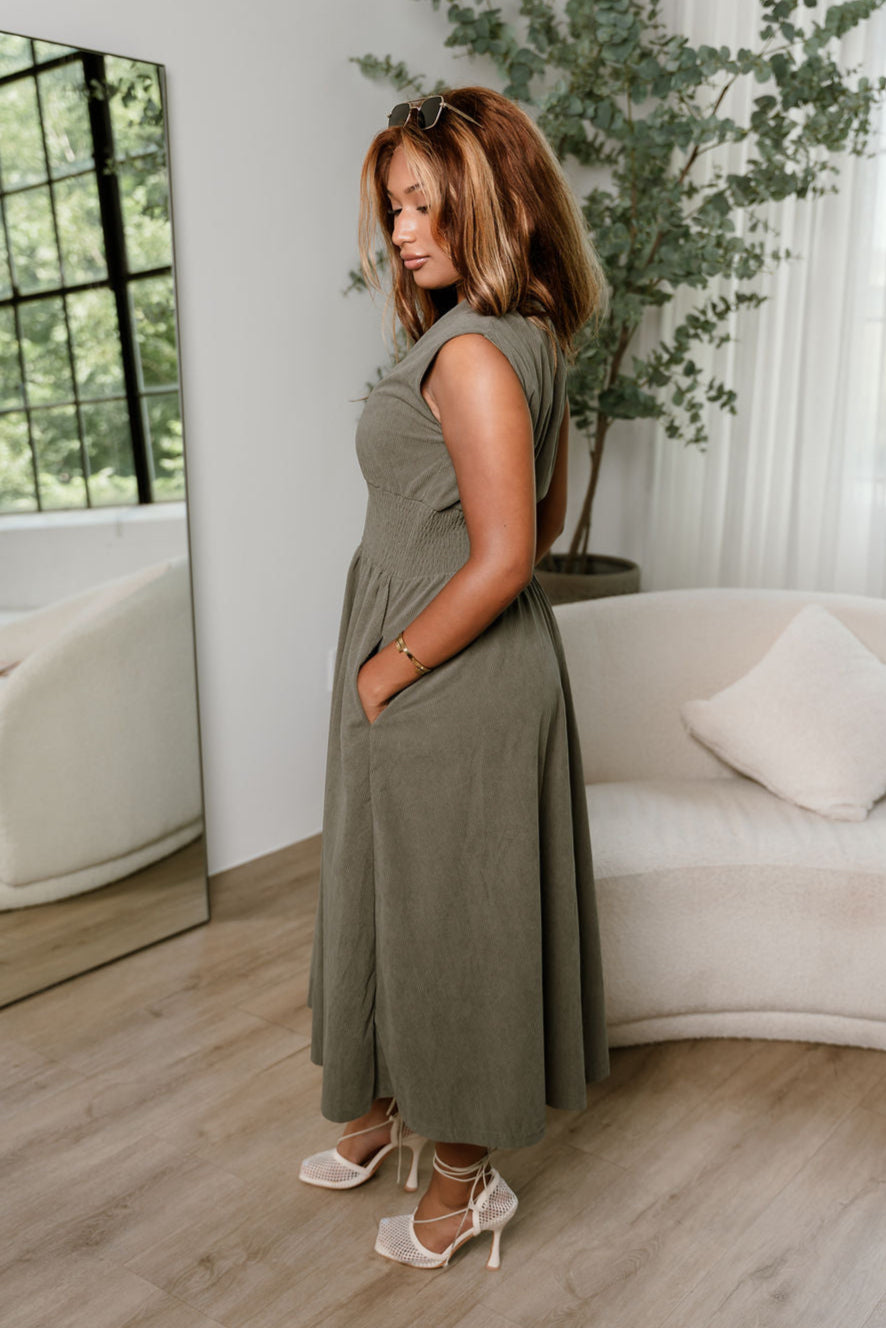 Malia Olive Corduroy Zip-Up Midi Dress- side view