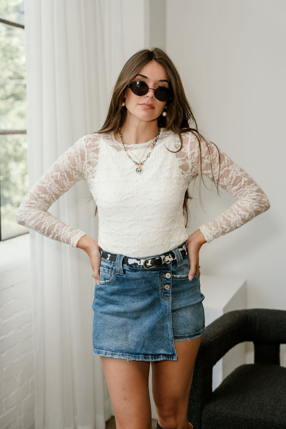 Billie Cream Lace Long Sleeve Top - front view