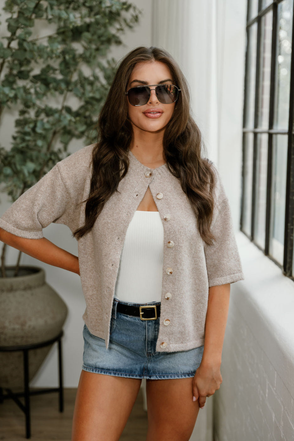 Kiara Mocha Short Sleeve Cardigan - front