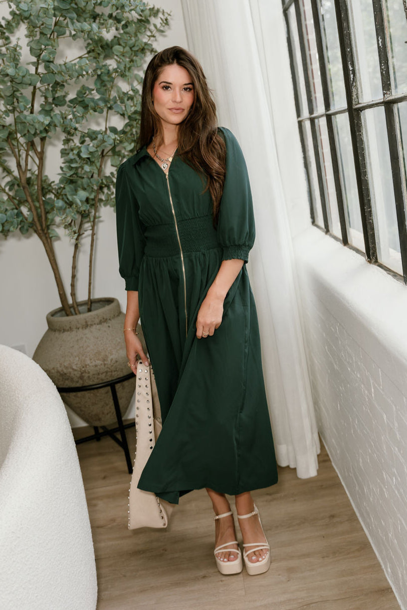 Luna Dark Green Zip-Up Midi Dress- full body view