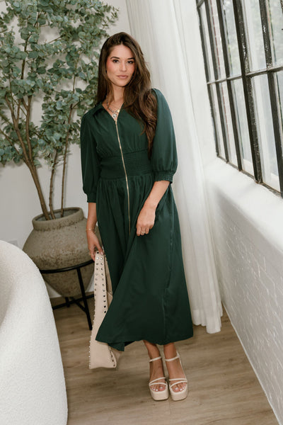 Luna Dark Green Zip-Up Midi Dress