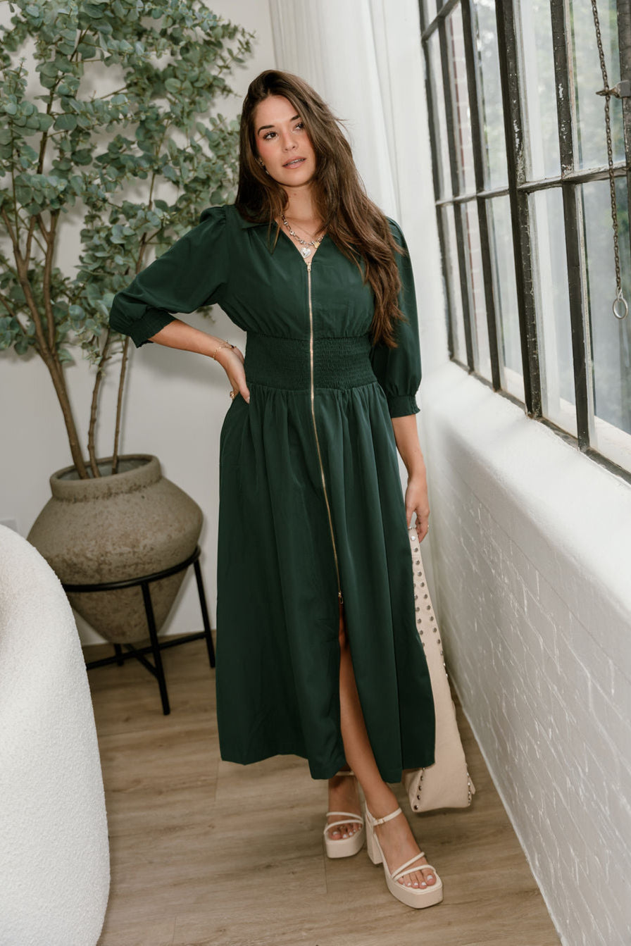 Luna Dark Green Zip-Up Midi Dress- front view