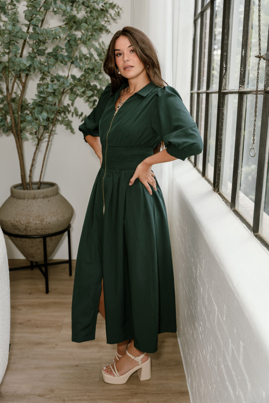 Luna Dark Green Zip-Up Midi Dress- frontal side view