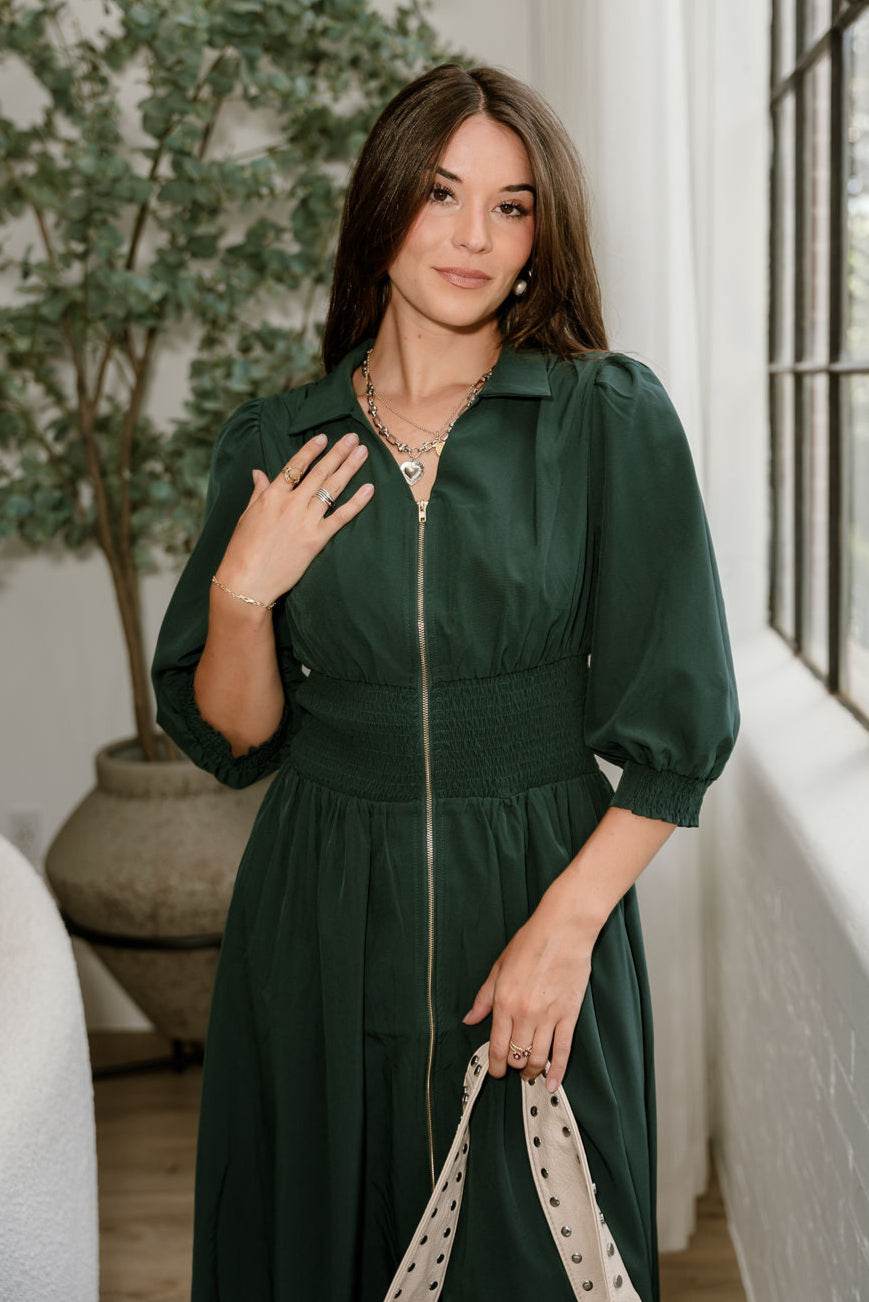 Luna Dark Green Zip-Up Midi Dress- close up top view