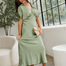 Joelle Sage Green Satin Midi Dress- full body frontal side view