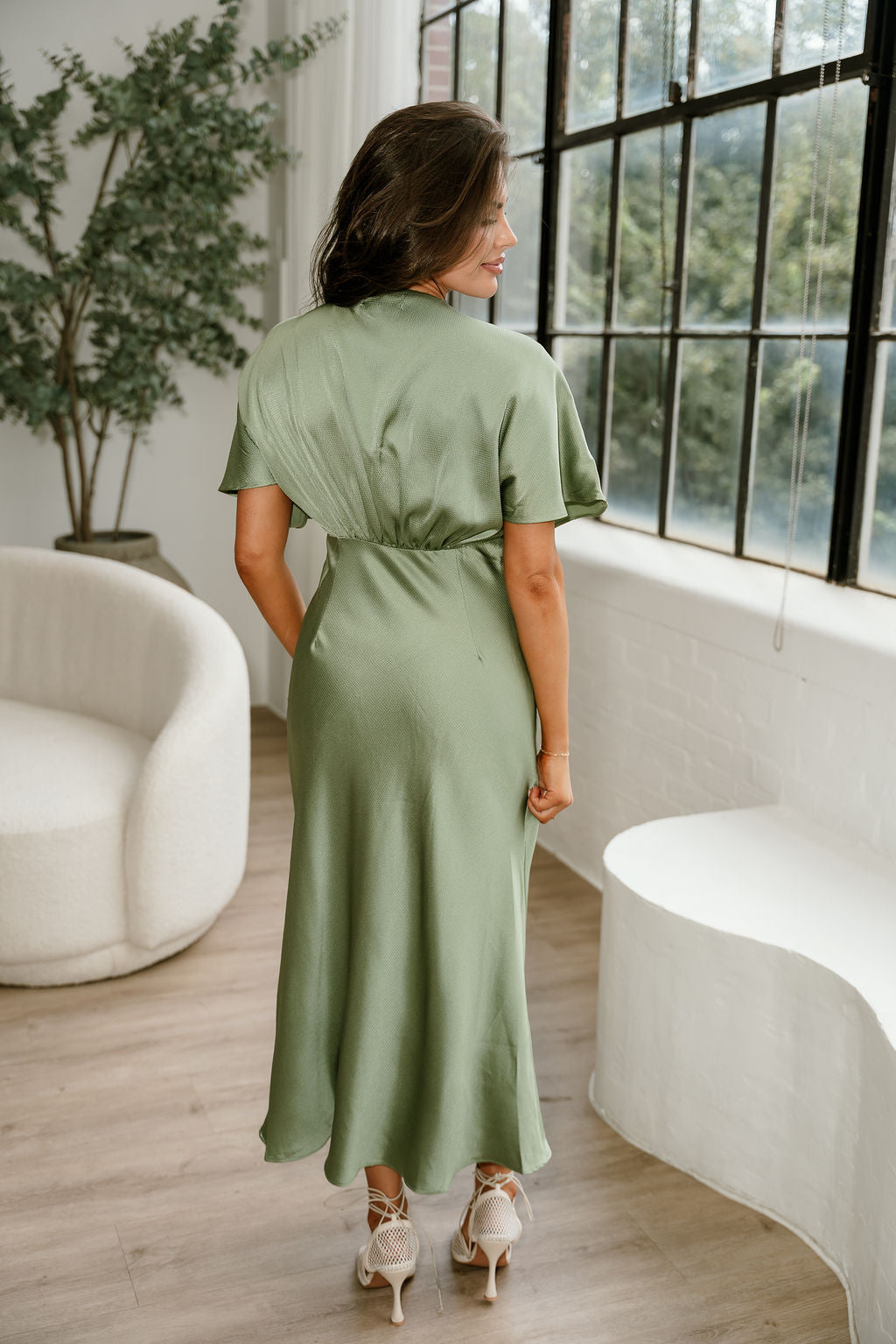 Joelle Sage Green Satin Midi Dress- full back view