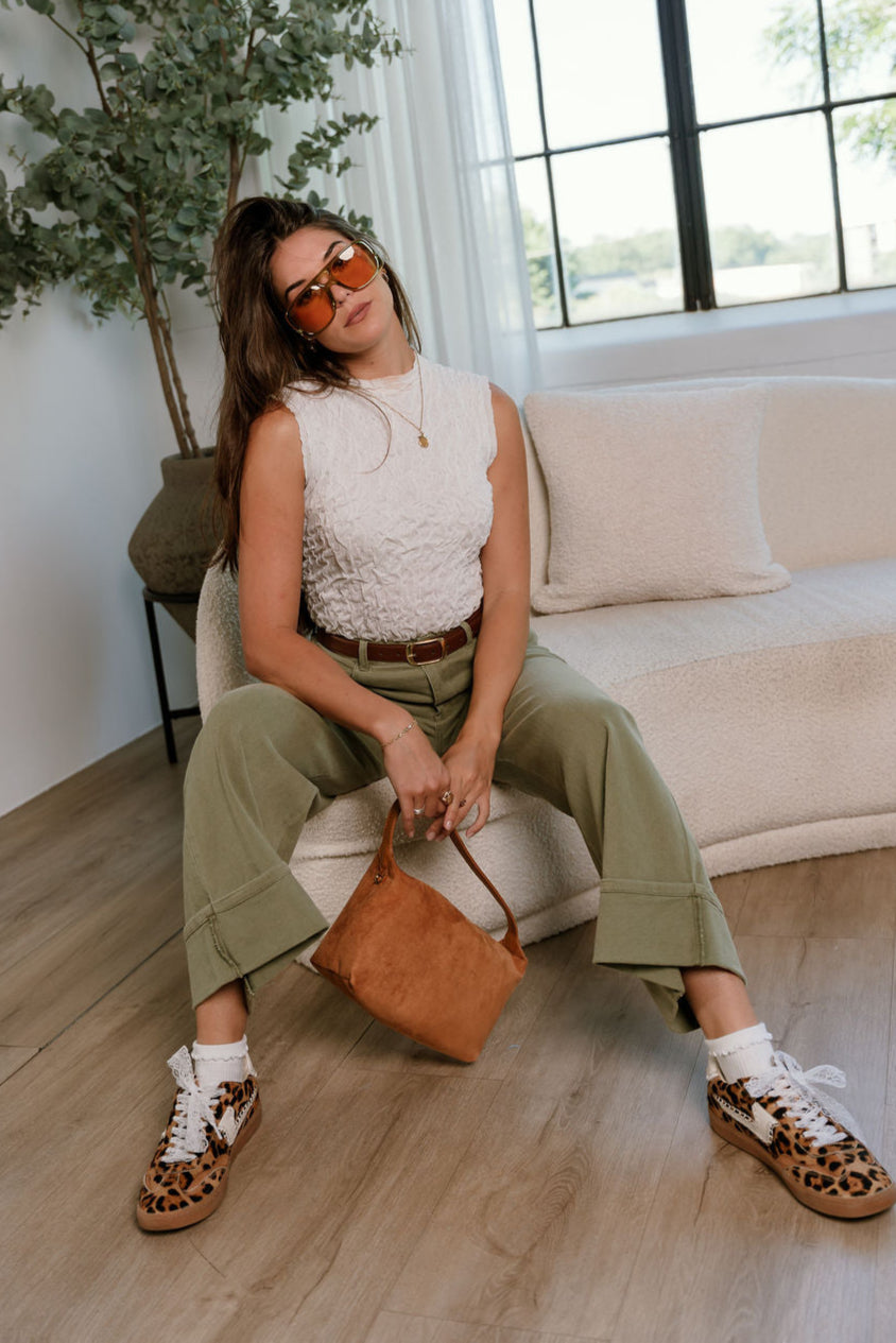 Raelyn Olive Wide Leg Pants- full body sitting view