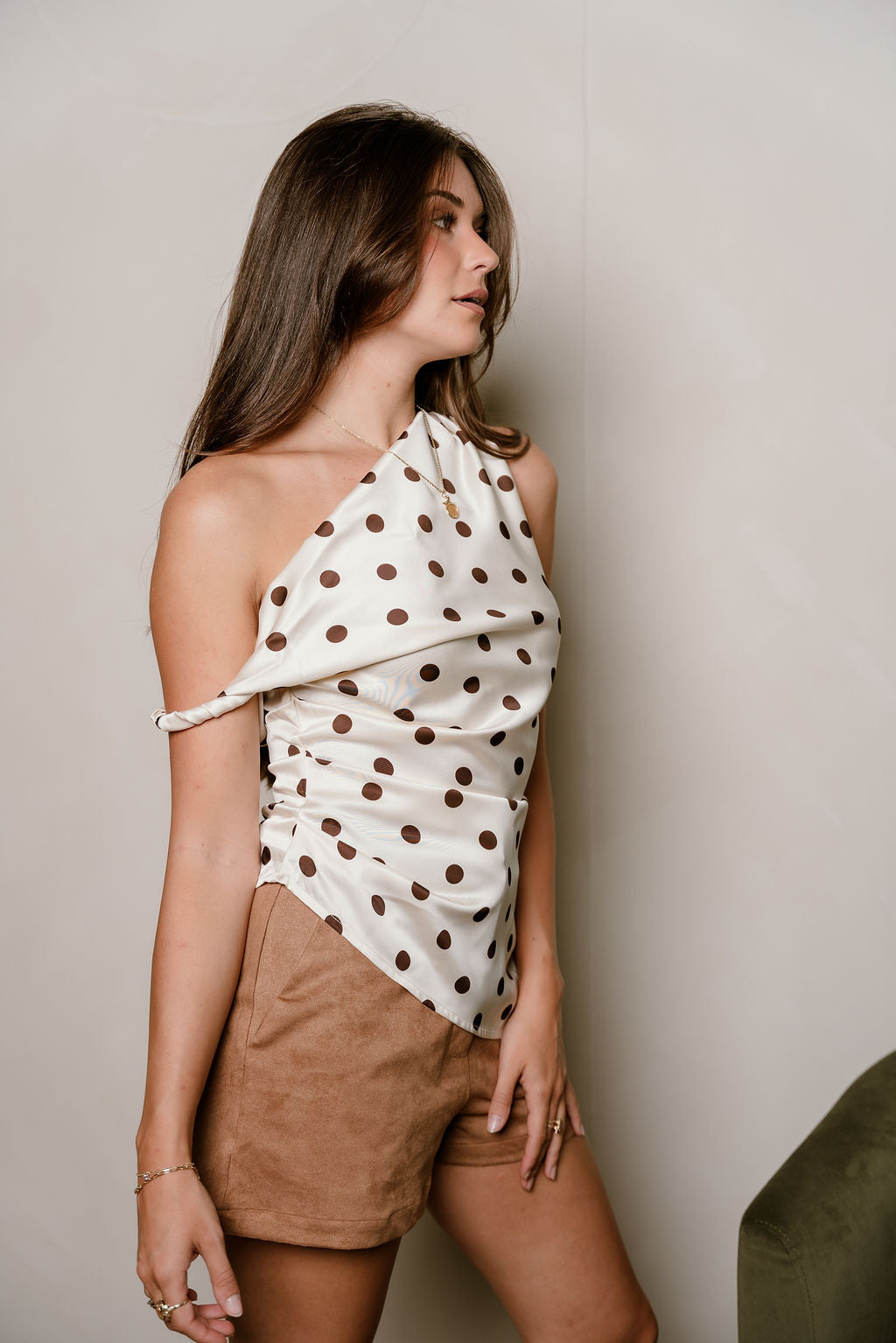 Miranda Ivory & Brown Satin Polka Dot Tank- frontal left side view