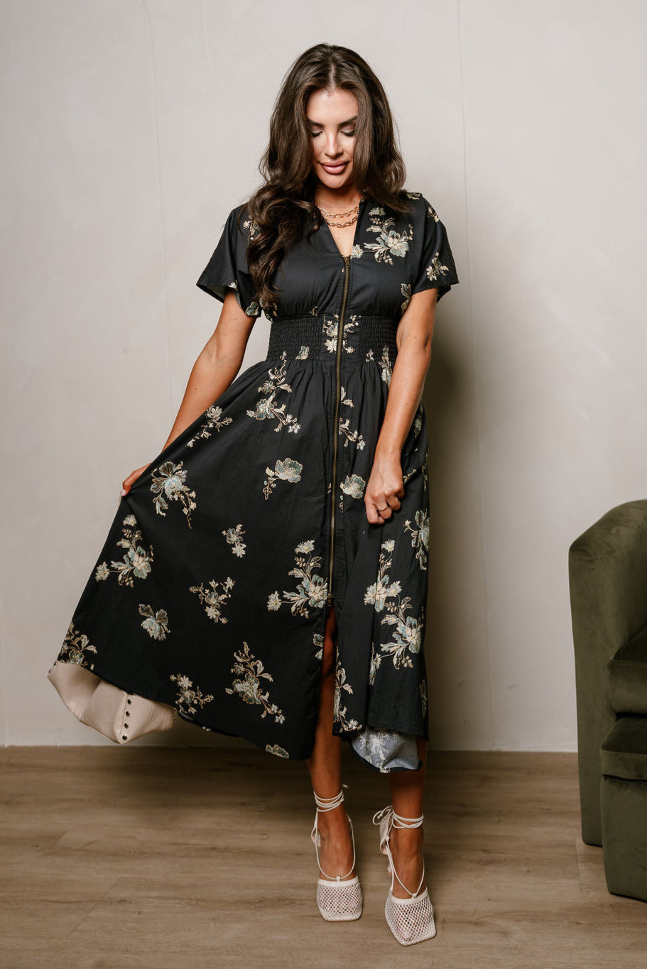 Charleigh Black Multi Floral Zip-Up Midi Dress- full front view