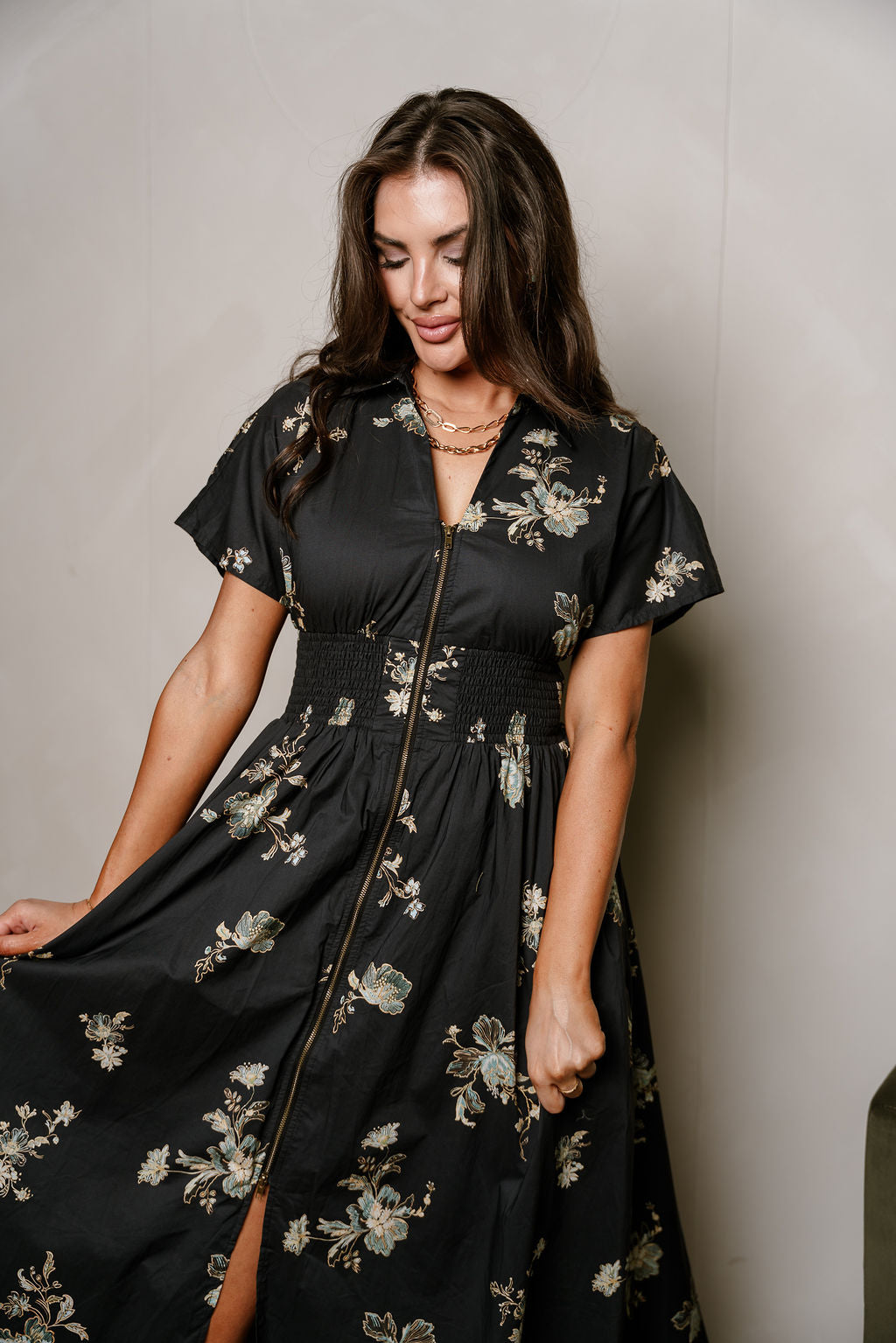 Charleigh Black Multi Floral Zip-Up Midi Dress- close up front view