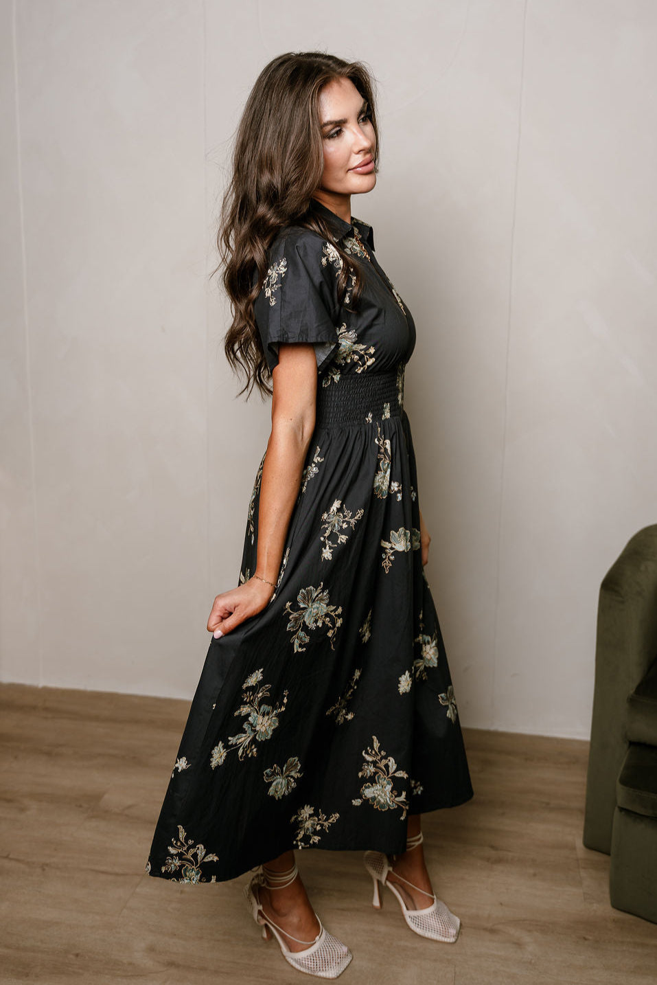 Charleigh Black Multi Floral Zip-Up Midi Dress- full side view