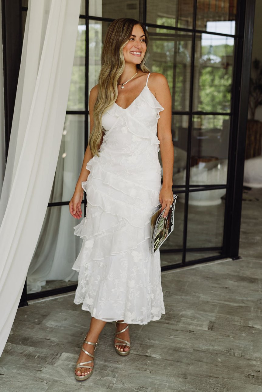 Angelica White Floral Ruffled Midi Dress - Lizard Thicket